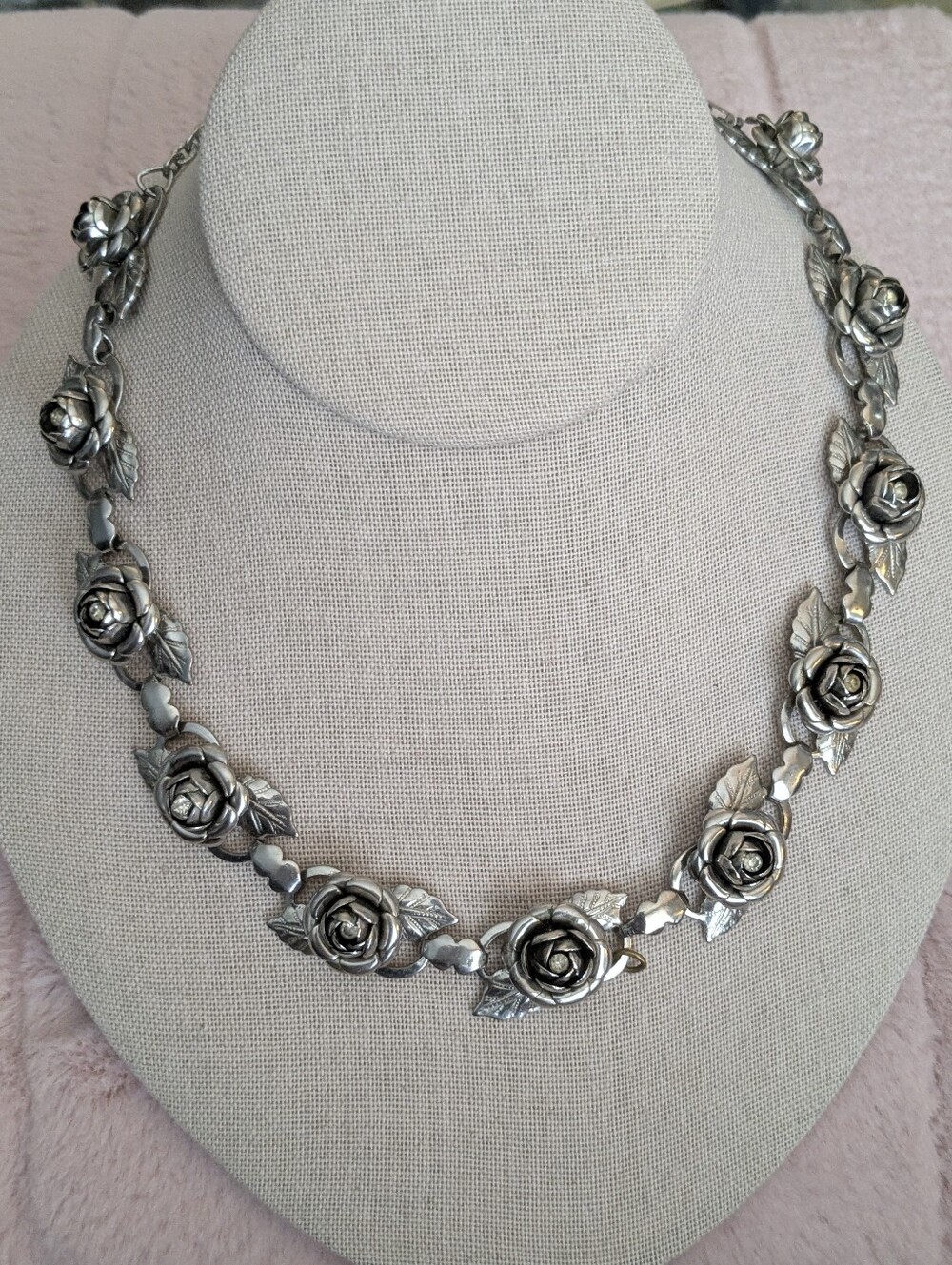 Vintage Signed Marino Silver Tone Rose Necklace Rhinestone Floral Statement 18"